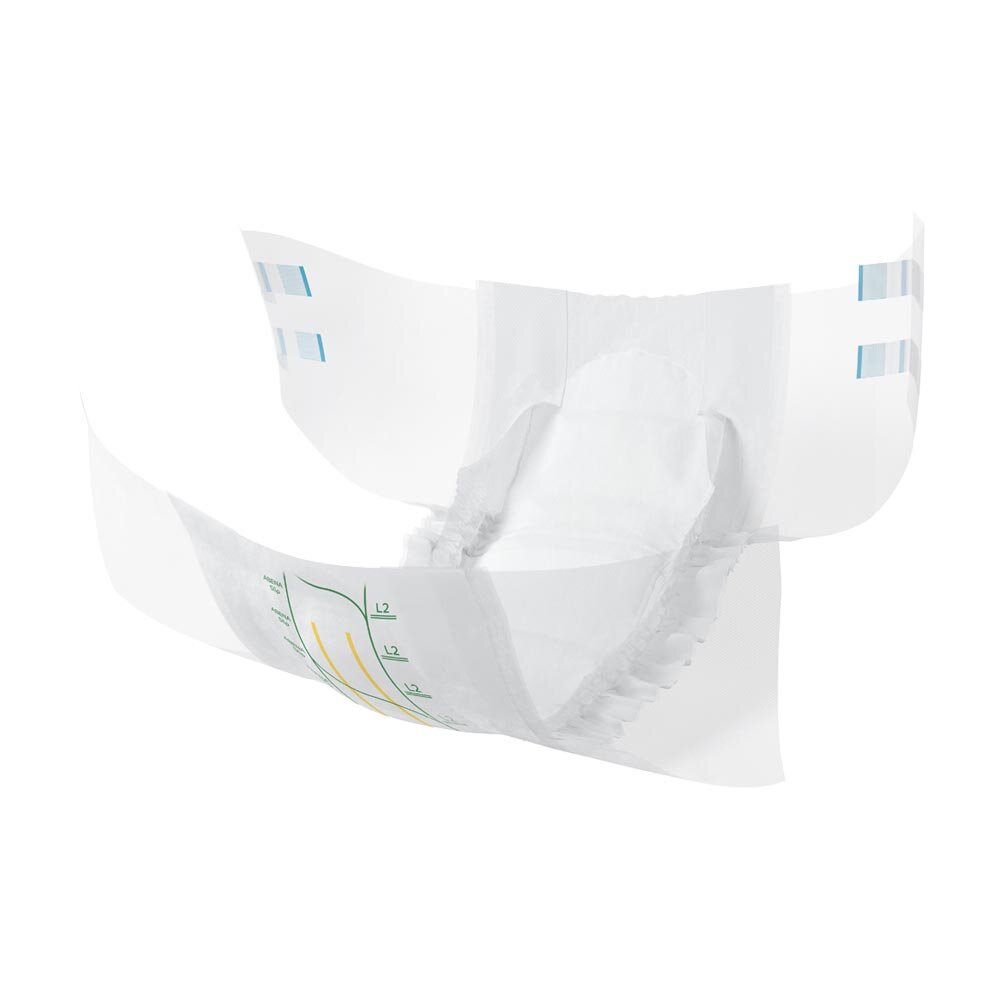 Ein Paket mit Abena Slip Premium L2 Inkontinenzwindeln. Die Verpackung ist in einem ansprechenden Design gehalten, hauptsächlich in Blau und Weiß, und zeigt das Produktbild sowie wichtige Informationen zur Größe und Saugfähigkeit. Die Windeln sind für mittlere bis starke Inkontinenz geeignet und bieten hohen Tragekomfort. Das Bild vermittelt ein Gefühl von Sicherheit und Schutz.