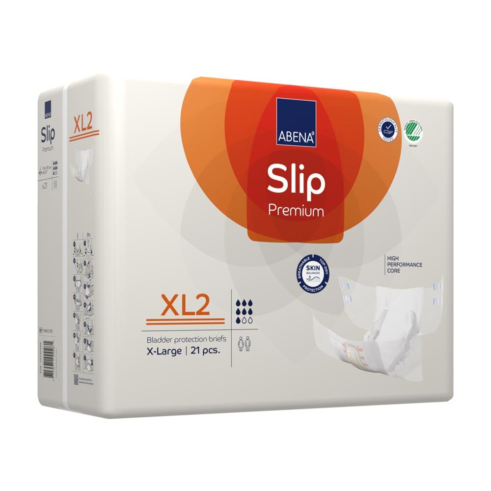 Frontalansicht der Abena Slip Premium XL2 Verpackung mit Produktbezeichnung, Saugstärke-Symbolen und geöffnetem Windelbild.
