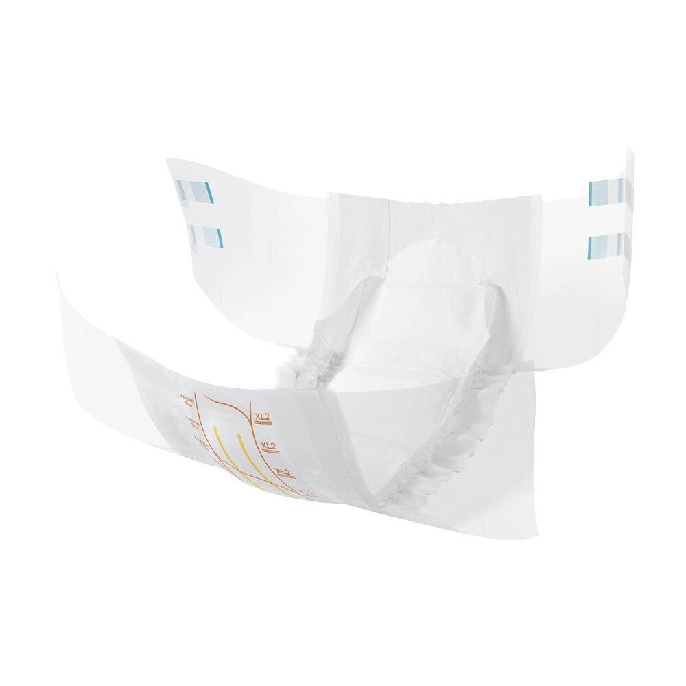 Detailansicht der geöffneten Abena Slip Premium XL2 Inkontinenzwindel mit elastischen Flügeln und gelbem Nässeindikator.