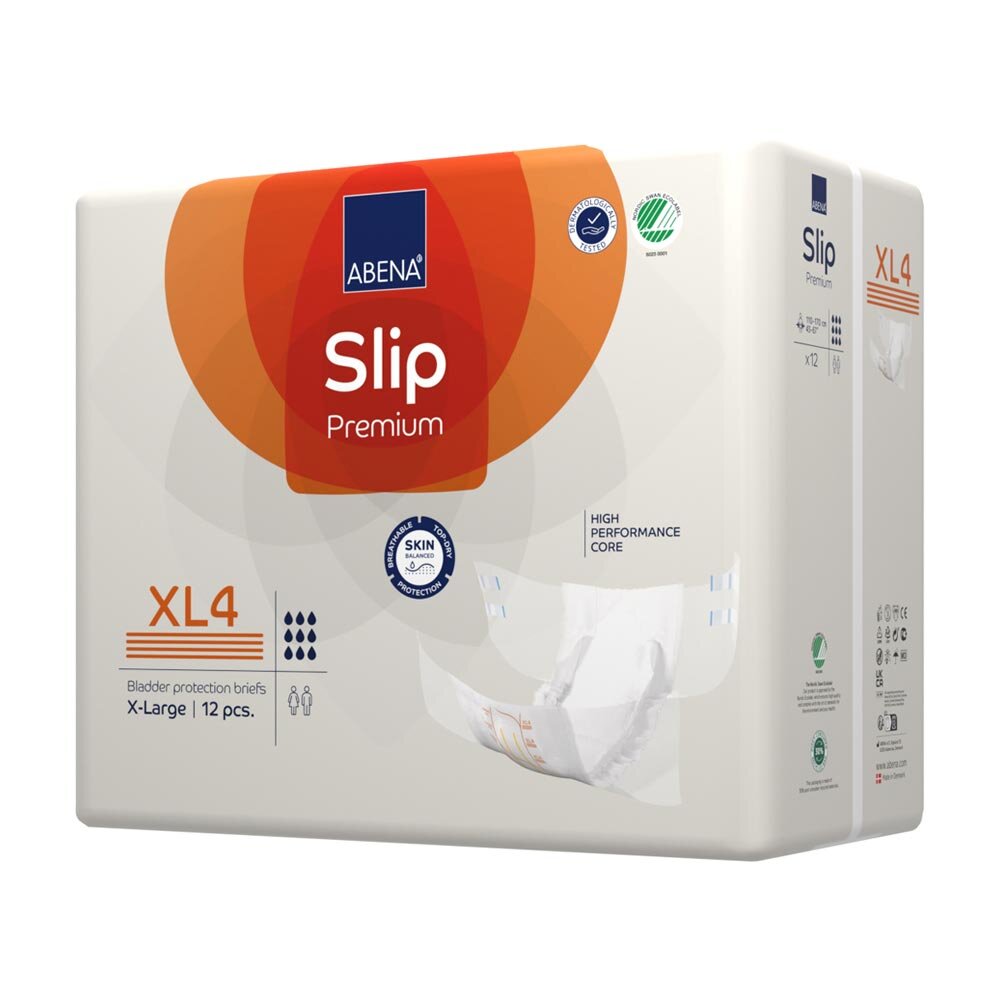 Seitlich-vordere Ansicht der Verpackung der Abena Slip Premium XL4 mit Produktinformationen und Windelabbildung.