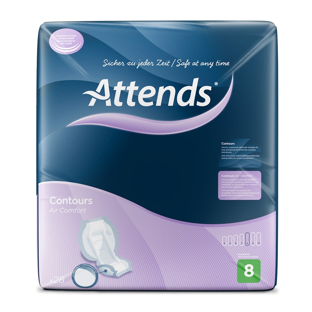 Ein Paket mit Attends Contours Air Comfort 8 Inkontinenzvorlagen ist auf einem weißen Hintergrund abgebildet. Die Verpackung ist prominent sichtbar und zeigt die Marke "Attends" sowie die Produktbezeichnung "Contours Air Comfort 8". Die Vorlagen selbst sind zur besseren Ansicht teilweise aus der Verpackung herausgenommen. Sie sind in einem sanften, blauen Farbton gehalten und haben eine anatomische Form. Auf der Verpackung sind Symbole für Saugfähigkeit sowie Hinweise zur Anwendung abgebildet.