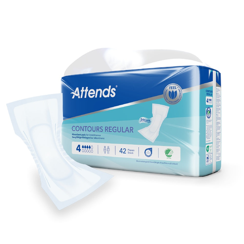 Attends Contours Regular 4 Inkontinenzeinlage, Packung 42 Stück schräg mit einzelner Einlage davor