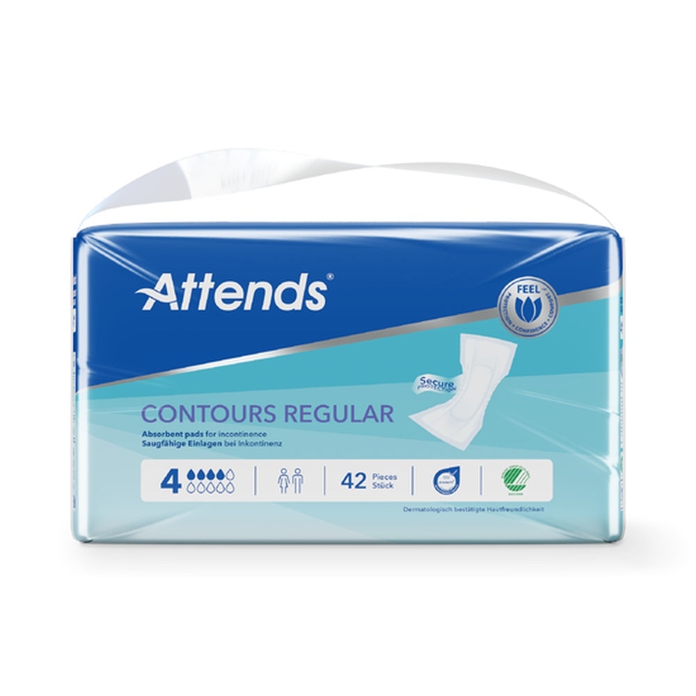 Attends Contours Regular 4 Inkontinenzeinlagen, Frontansicht der blauen Packung mit 42 Stück