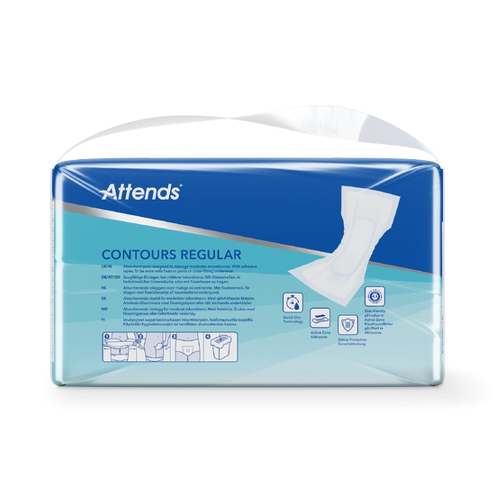 Rückseite Attends Contours Regular 4 Verpackung mit mehrsprachiger Produktbeschreibung und Anwendungsicons