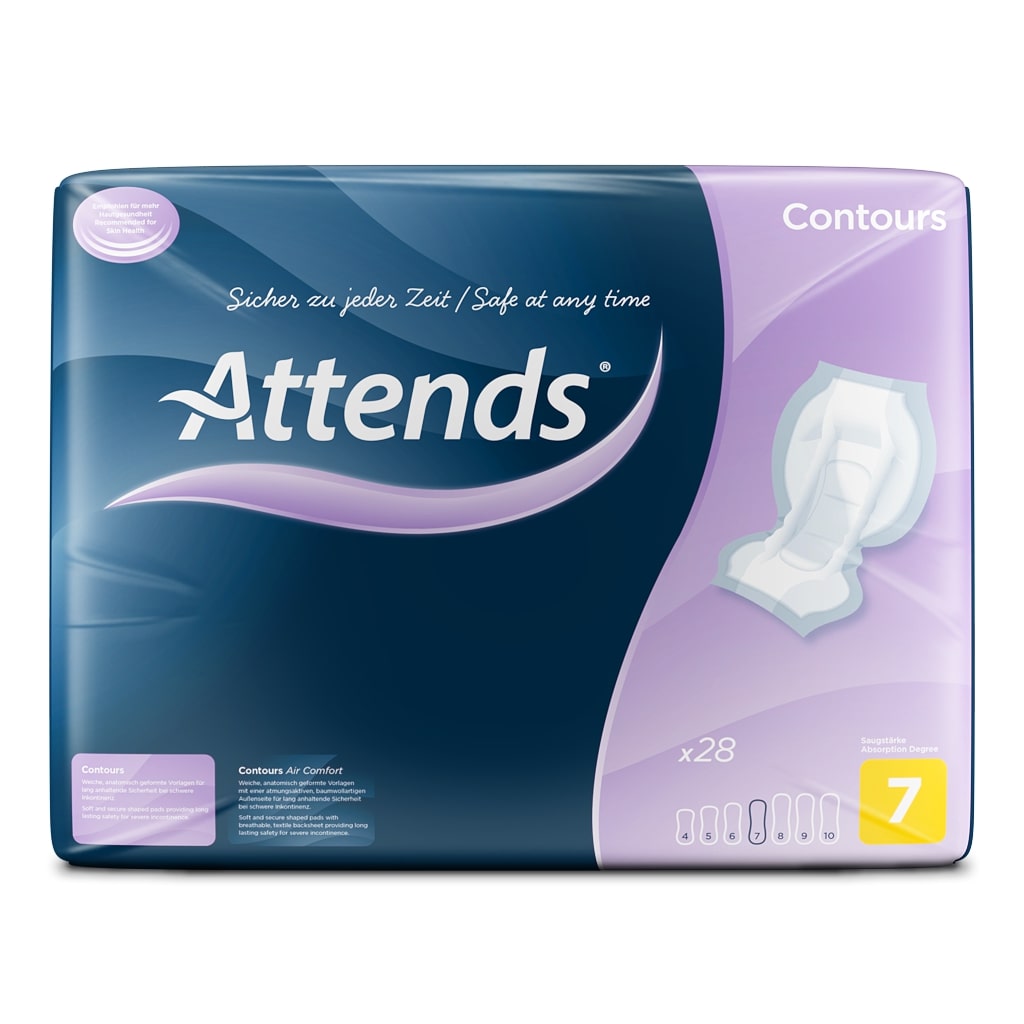 Mehrere Exemplare von Attends Contours Regular 7, einem Inkontinenzprodukt, sind auf einem weißen Hintergrund angeordnet. Die Packungen sind transparent, zeigen die enthaltenen Produkte, die wie schmale, anatomisch geformte Einlagen aussehen. Die Vorderseite der Verpackungen ist mit dem Markennamen "Attends" und der Produktbezeichnung "Contours Regular 7" beschriftet. Das Design ist in sanften Farben gehalten, mit einer klaren Darstellung der Produkte.