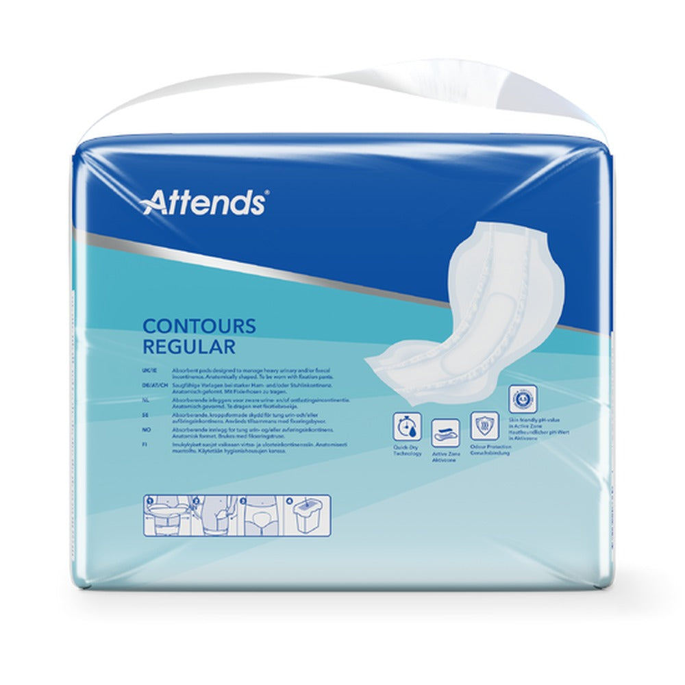 Rückseite Attends Contours Regular 8 Verpackung mit mehrsprachiger Beschreibung und Produktmerkmalen