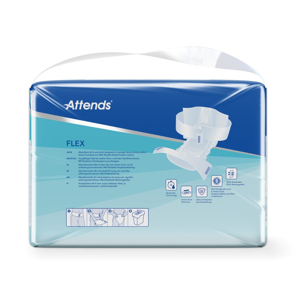 Attends Flex 10, Größe L – Rückseite der Verpackung mit Produktinfos, Symbolen und Anwendungsgrafik