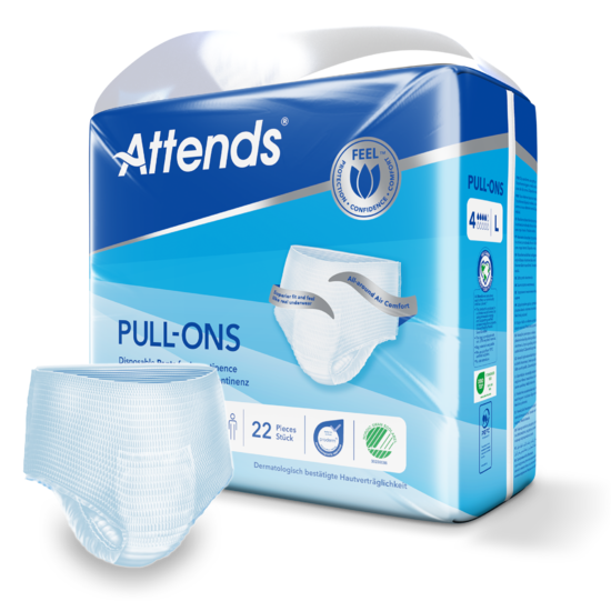 Weißes Produktbild mit Attends Pull-Ons 4 Inkontinenz-Pants in der Größe Large. Die Verpackung zeigt eine Packung mit mehreren Inkontinenz-Unterhosen, auf der Vorderseite sind der Produktname und einige illustrative Symbole zu sehen, die den hohen Schutz und die Atmungsaktivität betonen. Die Pants erscheinen weich und elastisch, ideal für aktive Nutzer. Der Hintergrund ist neutral und hebt das Produkt hervor.