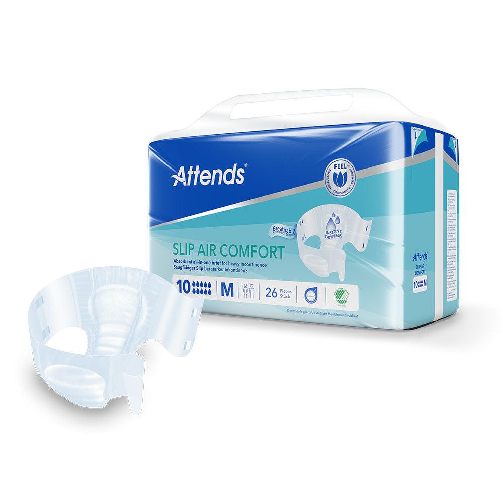 Frontalansicht einer Packung Attends Slip Air Comfort 10 M. Davor ein einzeln entnommener Slip.