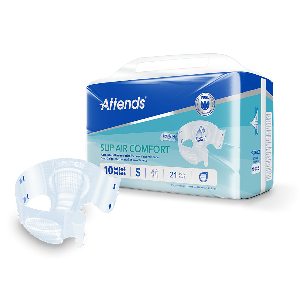 Frontalansicht einer Packung Attends Slip Air Comfort 10 S. Davor ein einzeln entnommener Slip.