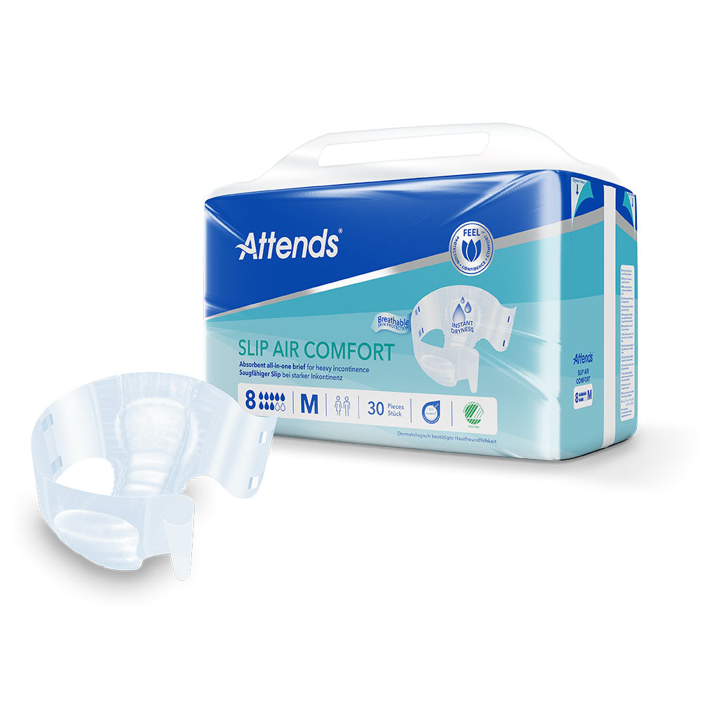 Frontalansicht einer Packung Attends Slip Air Comfort 8 M. Davor ein einzeln entnommener Slip.