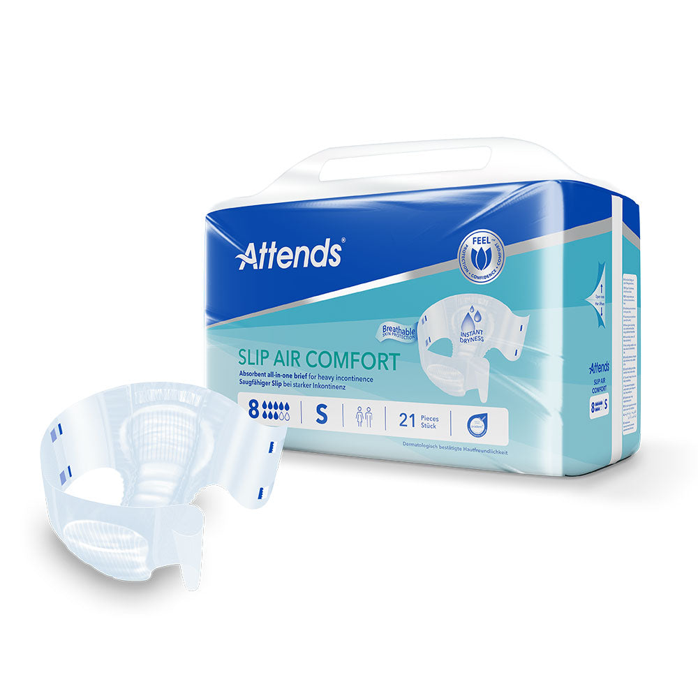 Frontalansicht einer Packung Attends Slip Air Comfort 8 S. Davor ein einzeln entnommener Slip.