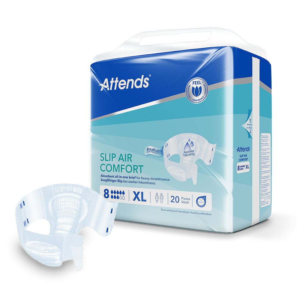 Frontalansicht einer Packung Attends Slip Air Comfort 8 XL. Davor ein einzeln entnommener Slip.