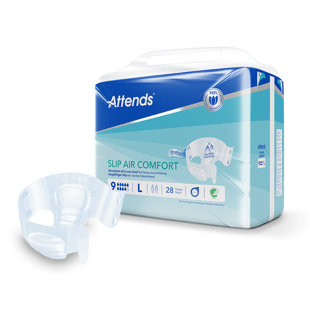 Frontalansicht einer Packung Attends Slip Air Comfort 9 L. Davor ein einzeln entnommener Slip.