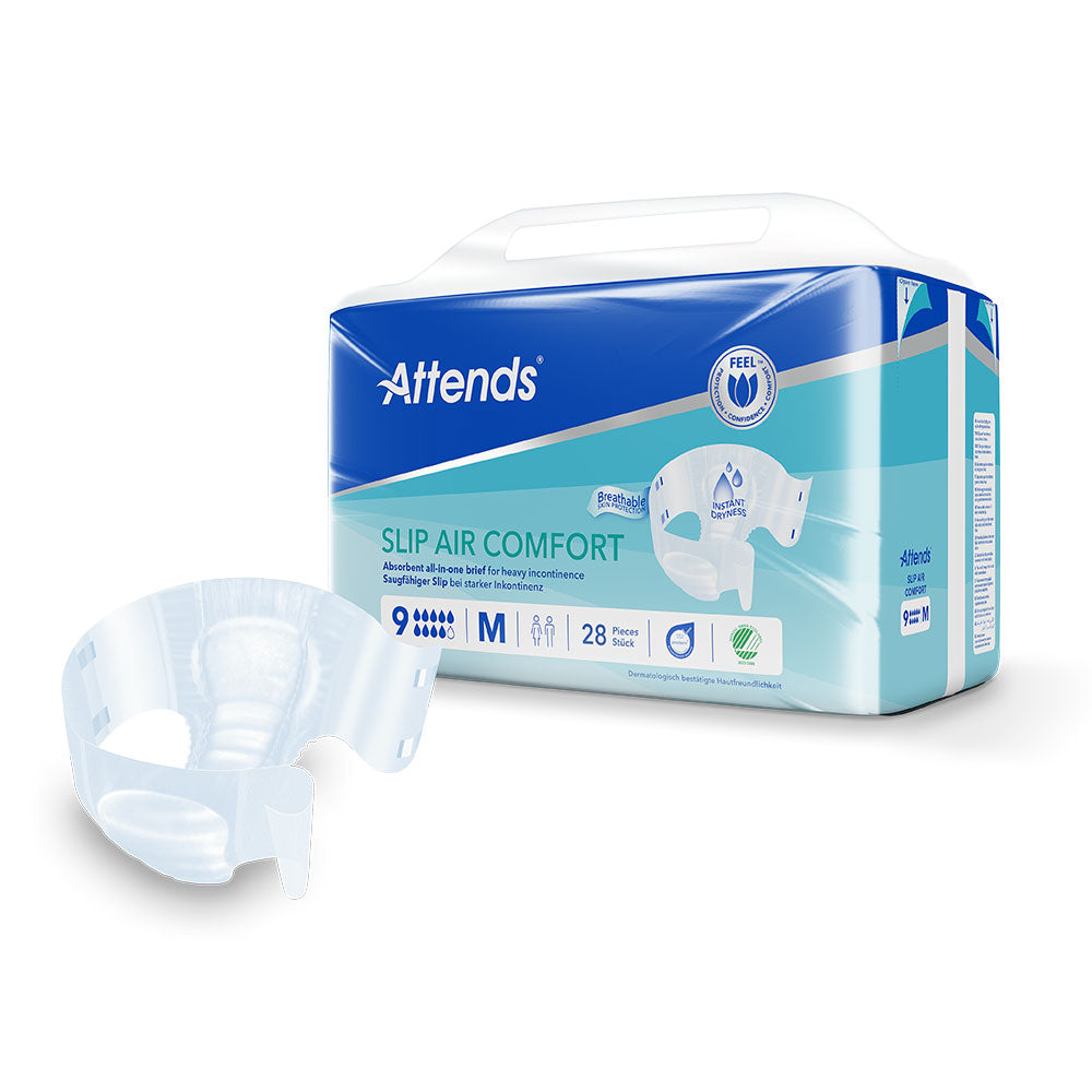 Frontalansicht einer Packung Attends Slip Air Comfort 9 M. Davor ein einzeln entnommener Slip.