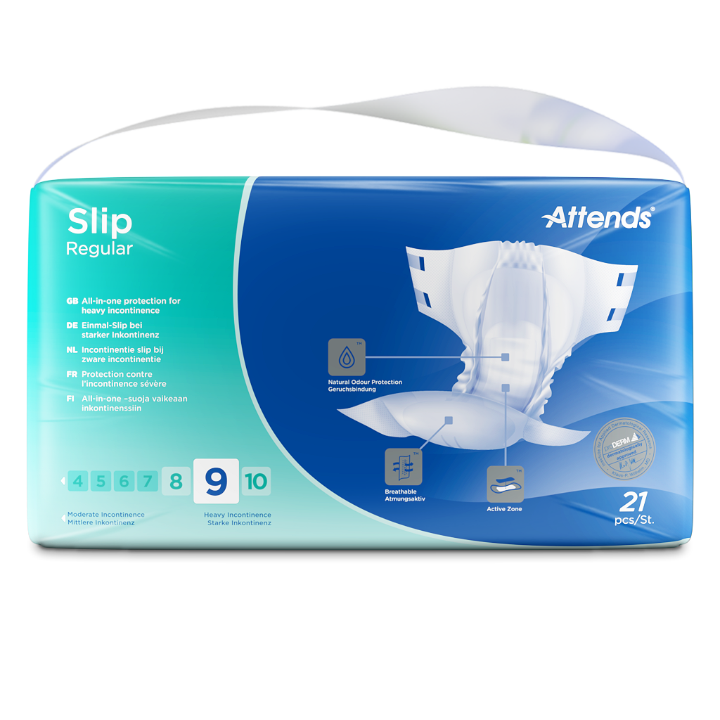 Inkontinenzslips Attends Slip Regular 9 in der Größe Small, präsentiert auf einem neutralen Hintergrund. Die Slips sind weich und atmungsaktiv, mit einem weißen Stoffdesign und dezenten blauen Akzenten. Sie verfügen über seitliche Klettverschlüsse, die eine individuelle Anpassung ermöglichen, um optimalen Halt und Komfort zu gewährleisten. Die Oberseite ist leicht strukturiert, um Feuchtigkeit schnell abzuleiten.