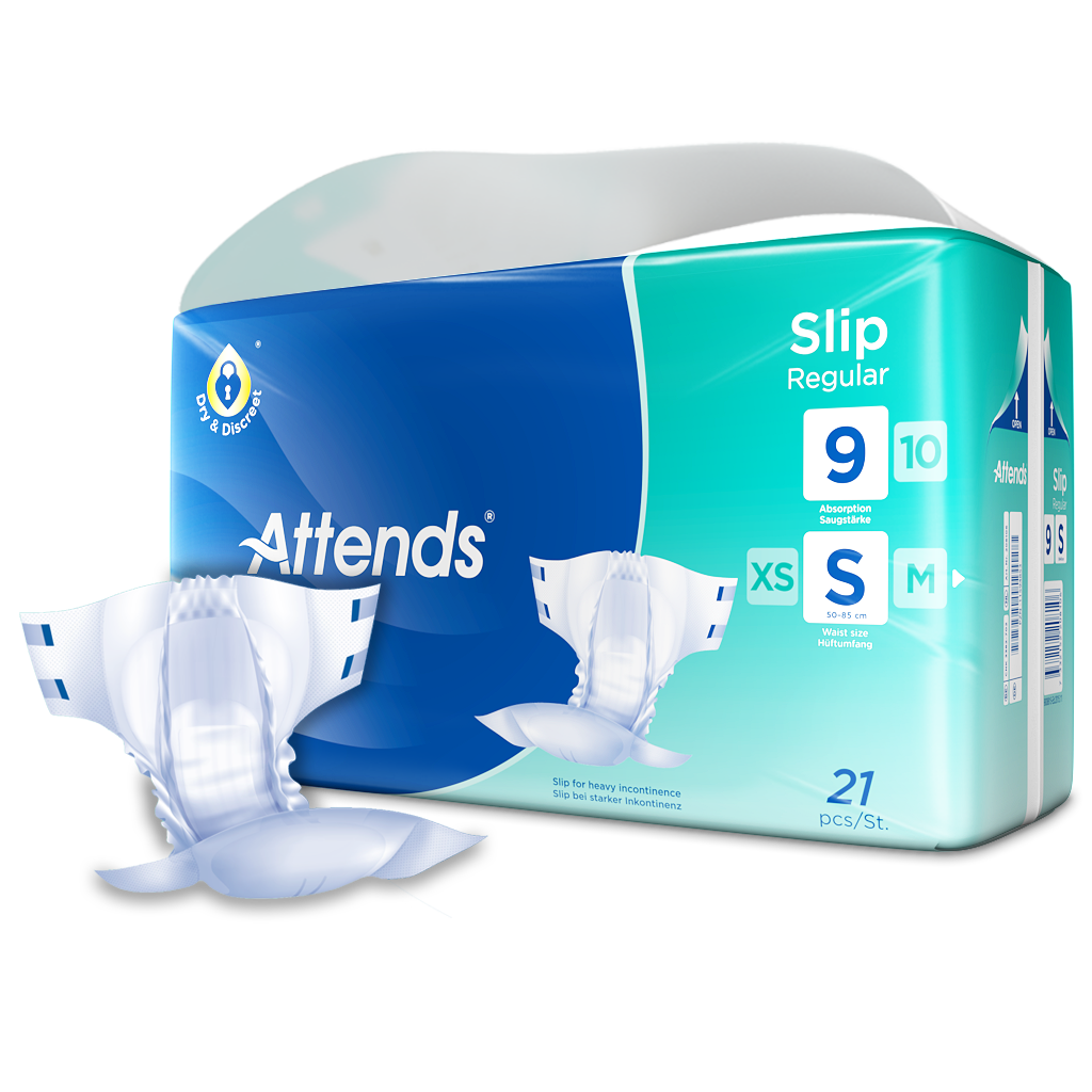 Ein Produktbild zeigt einen einzelnen Attends Slip Regular 9 in der Größe Small, einem Inkontinenzslip in Weiß. Der Slip ist in einer aufgedrehten Position dargestellt, sodass die elastischen Bündchen und die insgesamt weiche Oberfläche gut sichtbar sind. Der Slip hat eine anatomische Form und zeigt von der Vorder- und Rückseite die integrierten Auslaufschutzbarrieren. Das Material wirkt atmungsaktiv und komfortabel, ideal für eine diskrete Anwendung.
