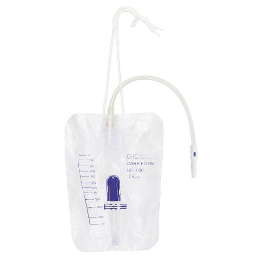 Bild eines 1000 ml sterilen Beinbeutels, der für die Verwendung im medizinischen Bereich konzipiert ist. Der Beinbeutel ist transparent und hat eine klare, gut lesbare Skala, die eine einfache Überwachung des Füllstands ermöglicht. Auf dem Beutel sind eine Einfüllöffnung und ein Ablassventil abgebildet. Der Beutel ist mit stabilen, verstellbaren Gurten ausgestattet, die eine sichere Befestigung am Bein ermöglichen.