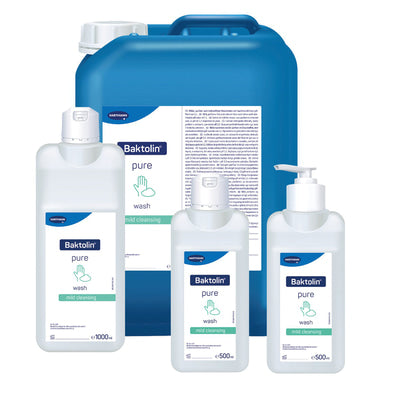 Produktübersicht Baktolin pure wash von Hartmann: 500 ml, 1000 ml Flaschen und 5-Liter-Kanister, weiß-blaues Design.