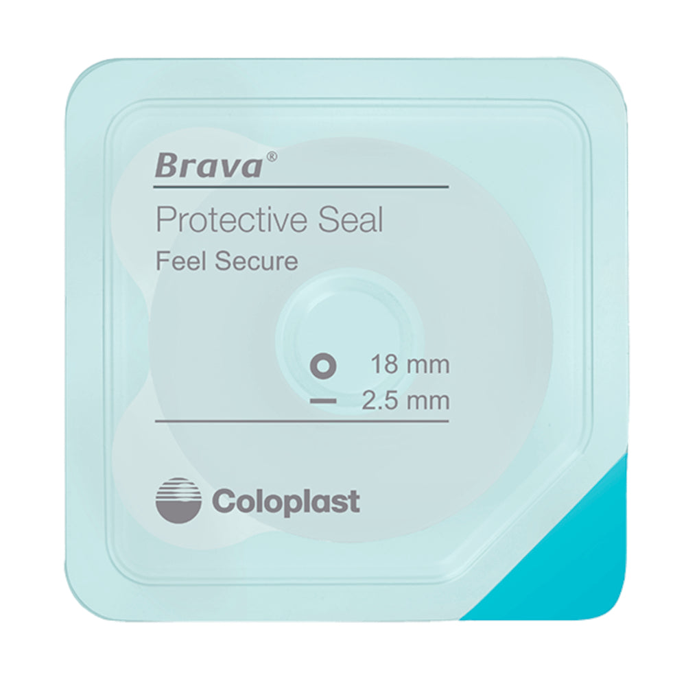 Verpackung des Brava Modellierbaren Hautschutzrings Plus von Coloplast mit Angabe der Größe: 18 mm Durchmesser, 2,5 mm Stärke.
