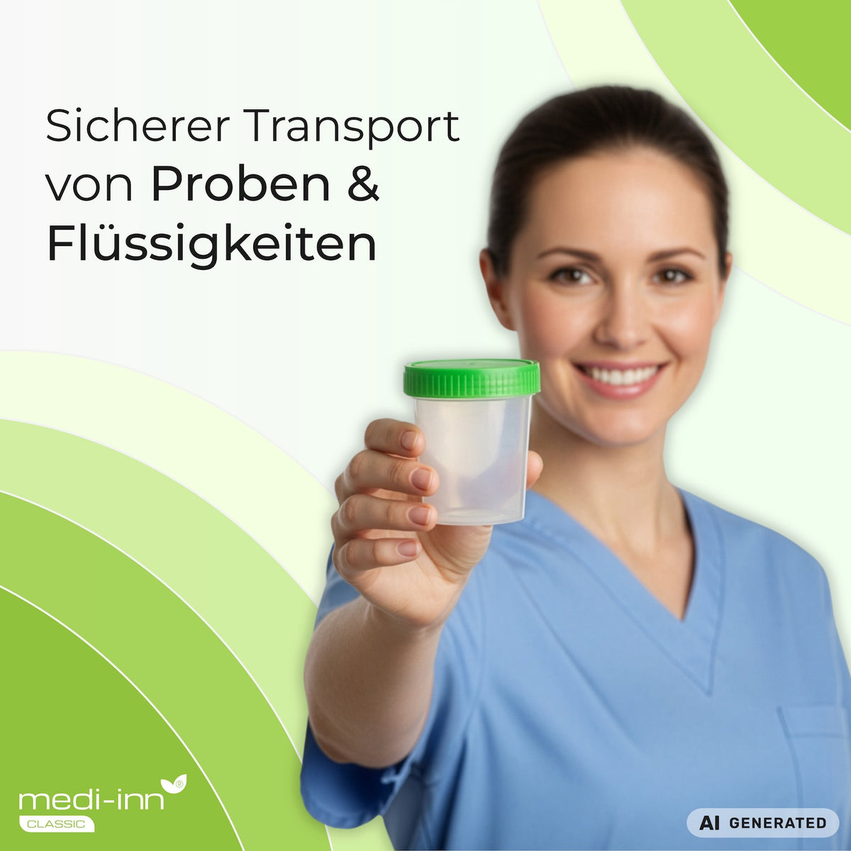 Medizinische Fachkraft hält Urinbecher in die Kamera, daneben der Hinweis: Sicherer Transport von Proben & Flüssigkeiten