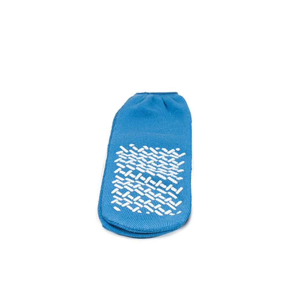 Blaue Medi-Inn Anti-Rutsch-Socke in Größe L mit weißem Anti-Rutsch-Muster auf der Unterseite.
