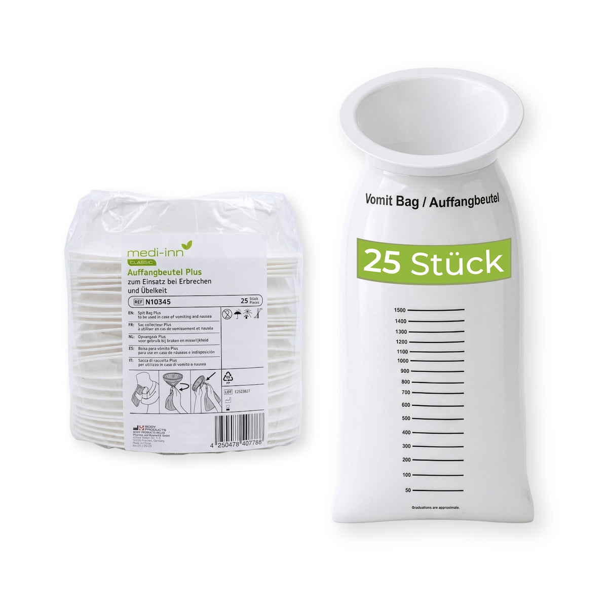 medi-inn CLASSIC Auffangbeutel Plus im 25er-Pack und einzeln aufgefaltet mit Skala und Mundstück.