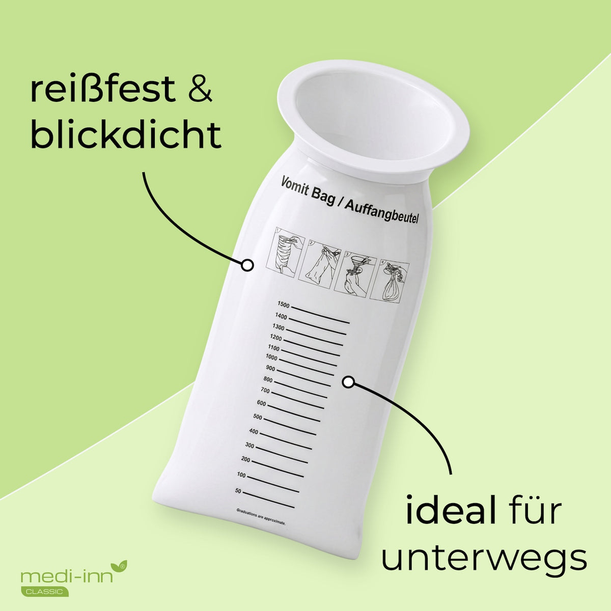 Medi-inn Auffangbeutel Plus auf grünem Hintergrund, blickdicht und reißfest, ideal für unterwegs.