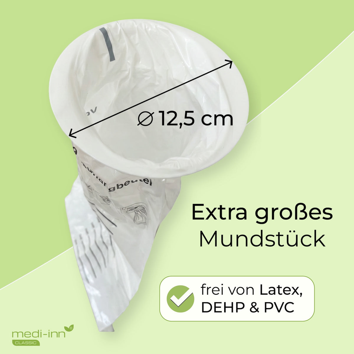 Nahaufnahme des Auffangbeutels Plus mit extra großem Mundstück Ø 11 cm, frei von Latex, DEHP und PVC.
