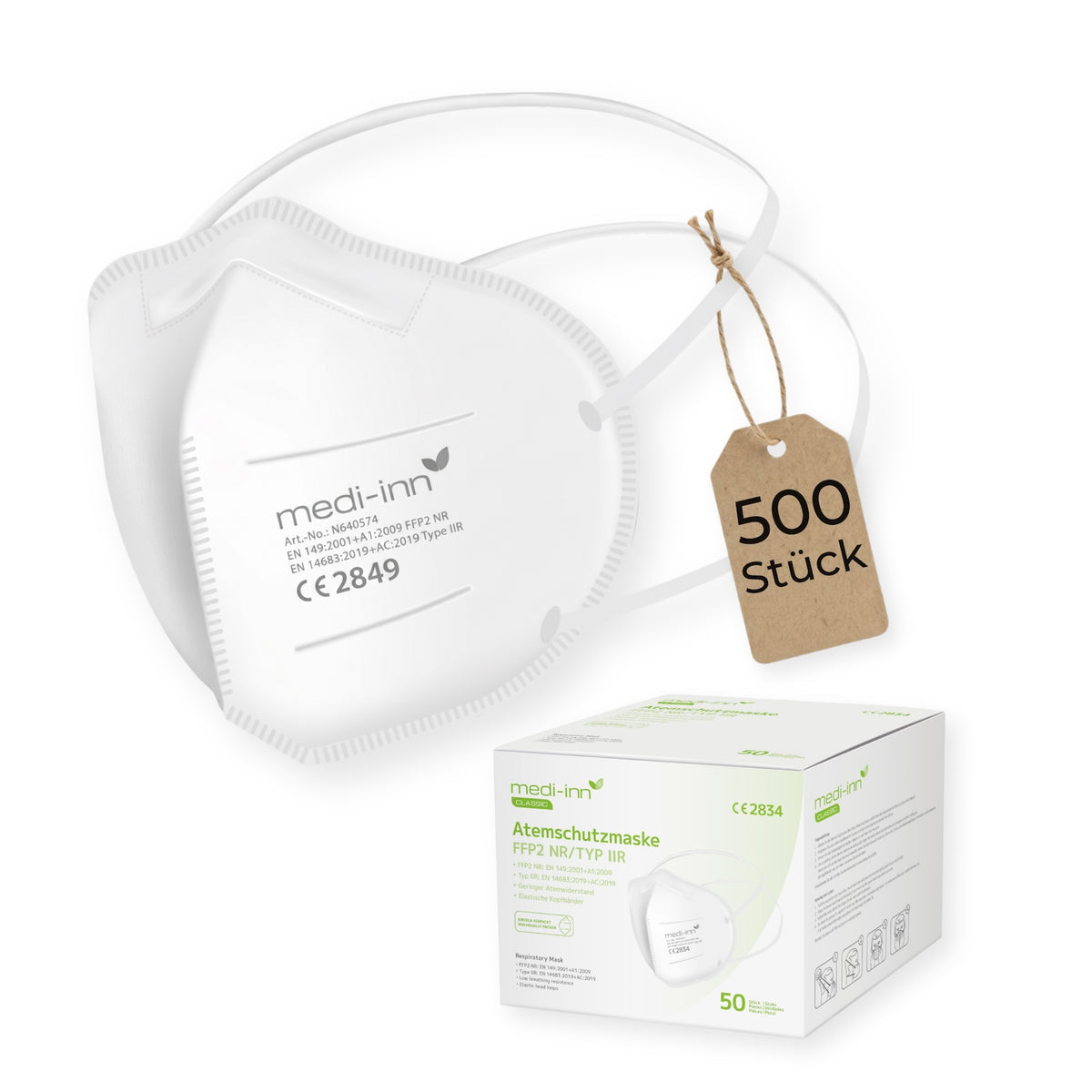 Frontalansicht einer Medi-Inn FFP2 Maske neben der Verpackung mit 500 Stück.