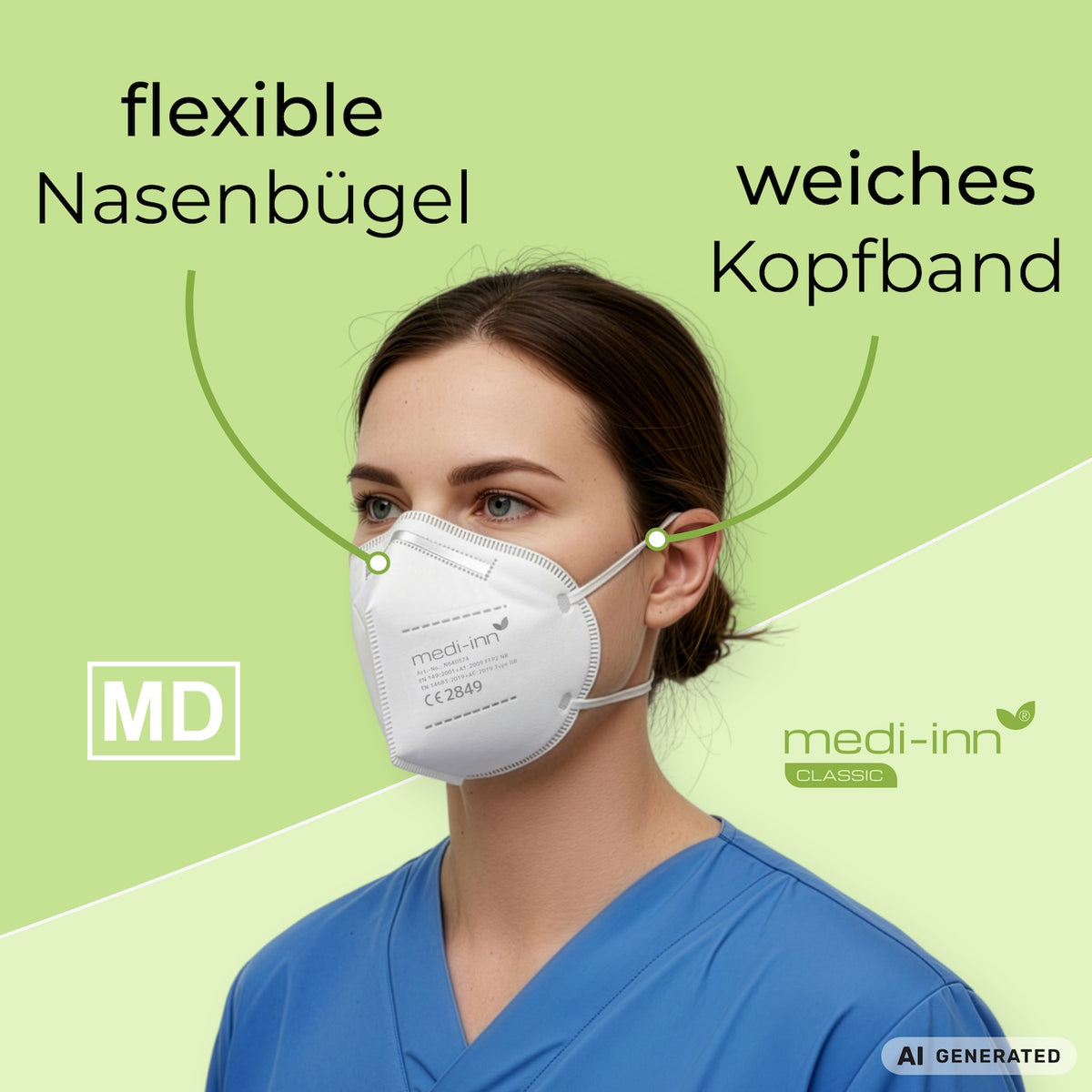 Angezogene Medi-Inn FFP2 Maske mit den Eigenschaften: flexible Nasenbügel, weiches Kopfband.