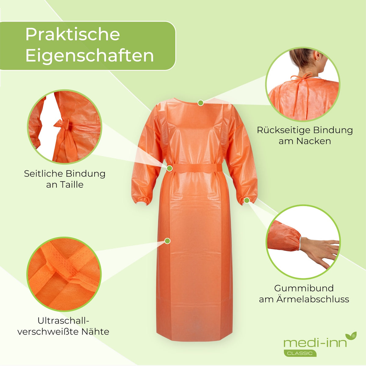 Praktische Eigenschaften: Seitliche Bindung an Taille, Ultraschall-verschweißte Nähte, Rückseitige Bindung am Nacken, Gummibund am Ärmelabschluss