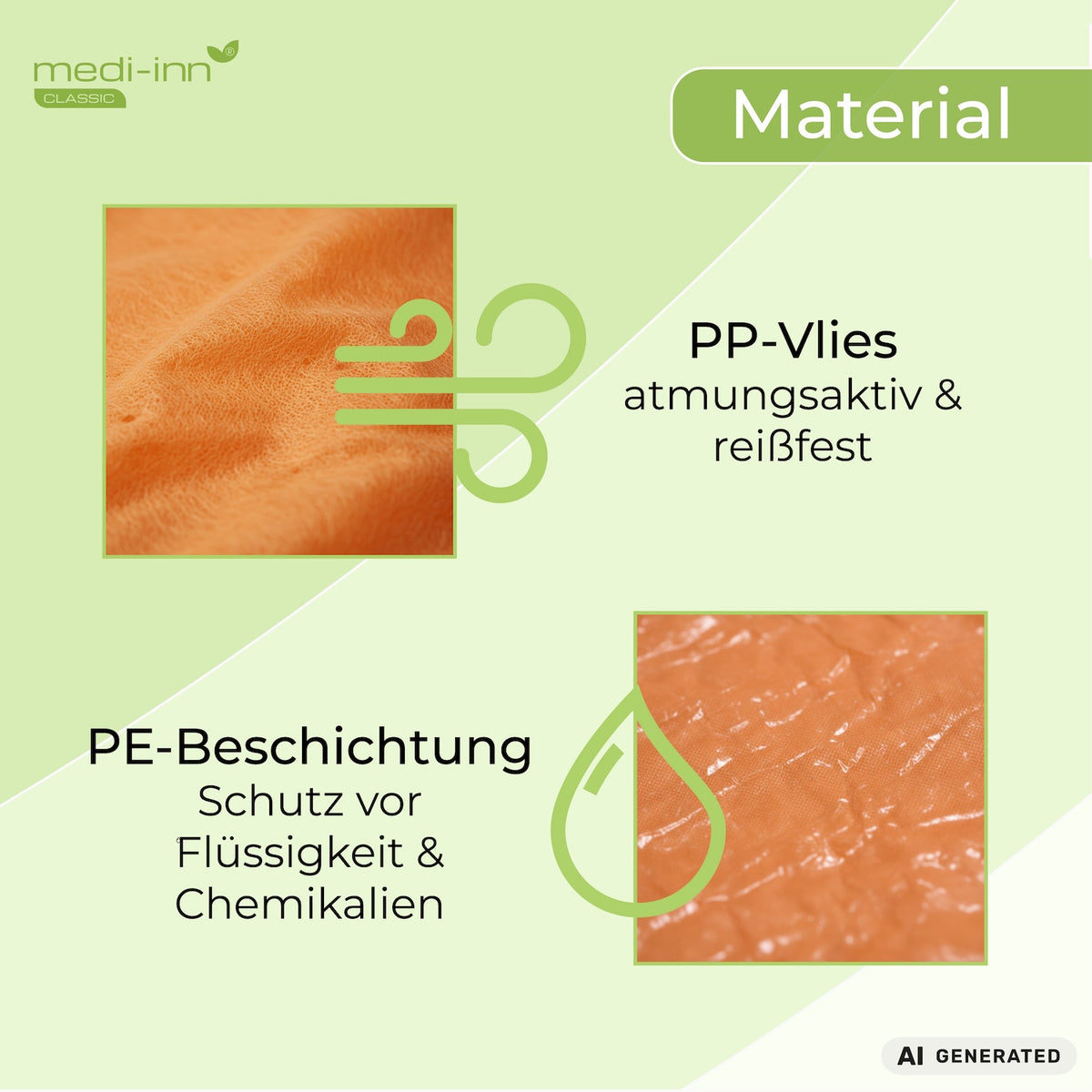 Material: PP Vlies - atmungsaktiv & reißfest, PE-Beschichtung - Schutz vor Flüssigkeit & Chemikalien