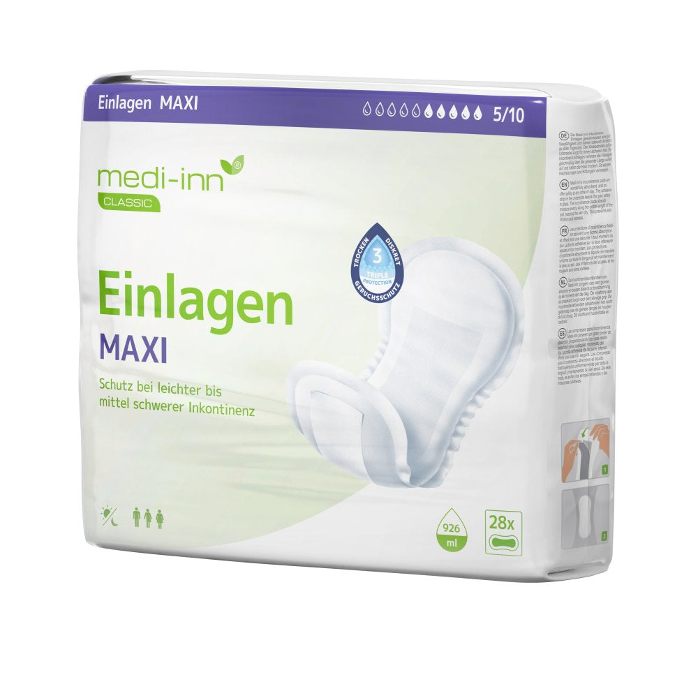 Verpackung der "medi-inn CLASSIC Einlagen MAXI" für leichte bis mittel schwere Inkontinenz. Enthält 28 Einlagen mit einer Saugkraft von 926 ml. Die Verpackung ist überwiegend weiß und grün gestaltet, mit einem Bild einer Einlage und Symbolen für die Zielgruppe.