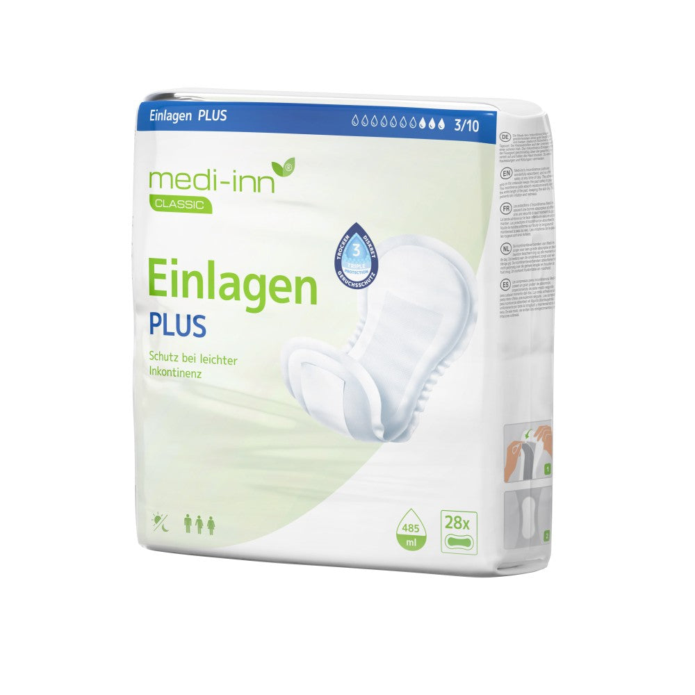 Verpackung der "medi-inn CLASSIC Einlagen PLUS" für leichte Inkontinenz. Enthält 28 Einlagen mit einer Saugkraft von 485 ml. Die Verpackung ist überwiegend weiß und grün gestaltet, mit einem Bild einer Einlage und Symbolen für die Zielgruppe.