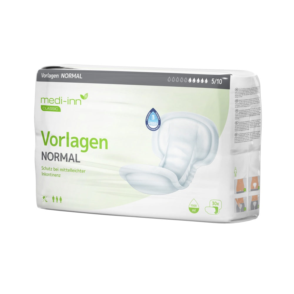 Verpackung der "medi-inn Classic Vorlagen NORMAL", Inkontinenzvorlagen für mittlere bis leichte Inkontinenz. Die Verpackung ist weiß mit grünen und grauen Elementen. Abgebildet ist eine Vorlage, daneben Symbole und Informationen zur Saugfähigkeit (1500 ml) und Stückzahl (30 Stück).