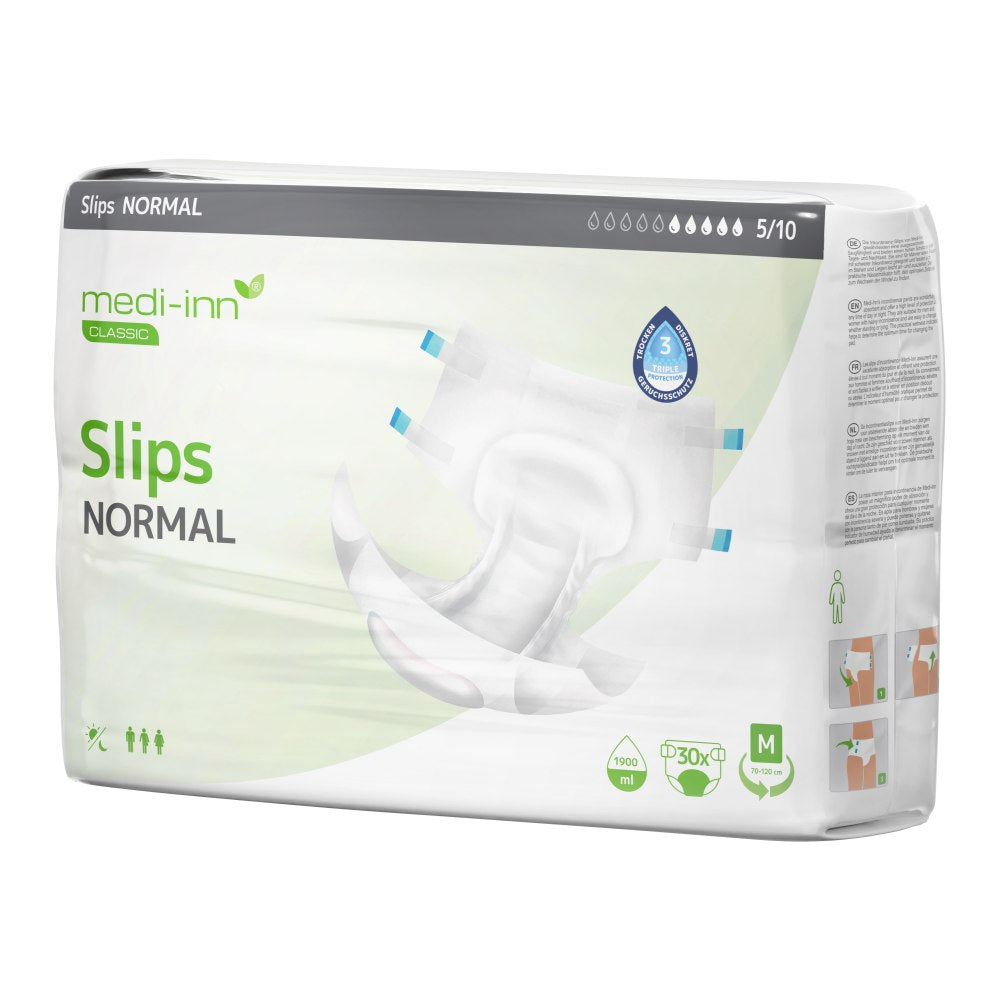Verpackung der Medi-Inn Classic Inkontinenz-Slips NORMAL in Größe M. Die Verpackung ist weiß mit grünen und grauen Akzenten, zeigt ein Produktbild des Slips und enthält Symbole für Unisex-Passform, Saugvolumen (1900 ml) und Klettverschlüsse.