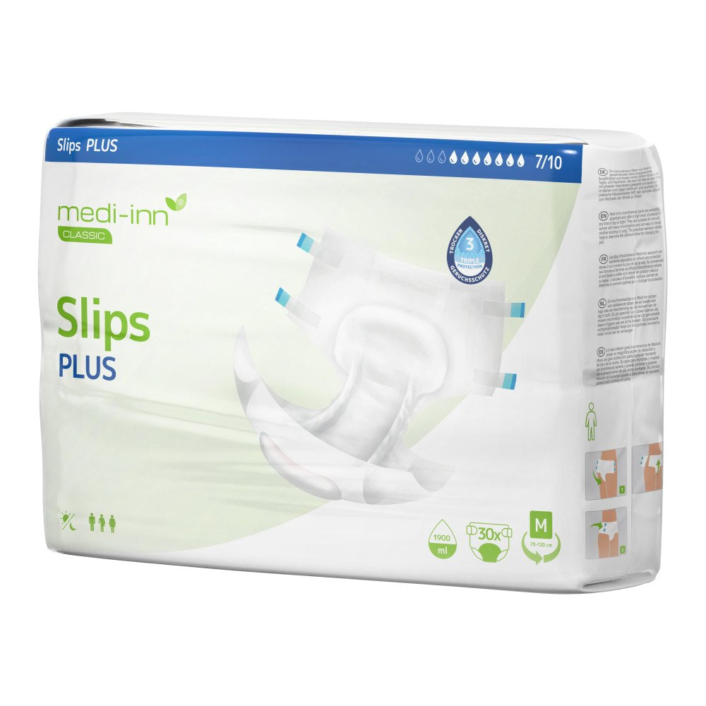 Verpackung der Medi-Inn Classic Inkontinenz-Slips PLUS in Größe M. Die Verpackung ist weiß mit grünen und blauen Akzenten, zeigt ein Produktbild des Slips und enthält Symbole für Unisex-Passform, Saugvolumen (2450 ml) und Klettverschlüsse.