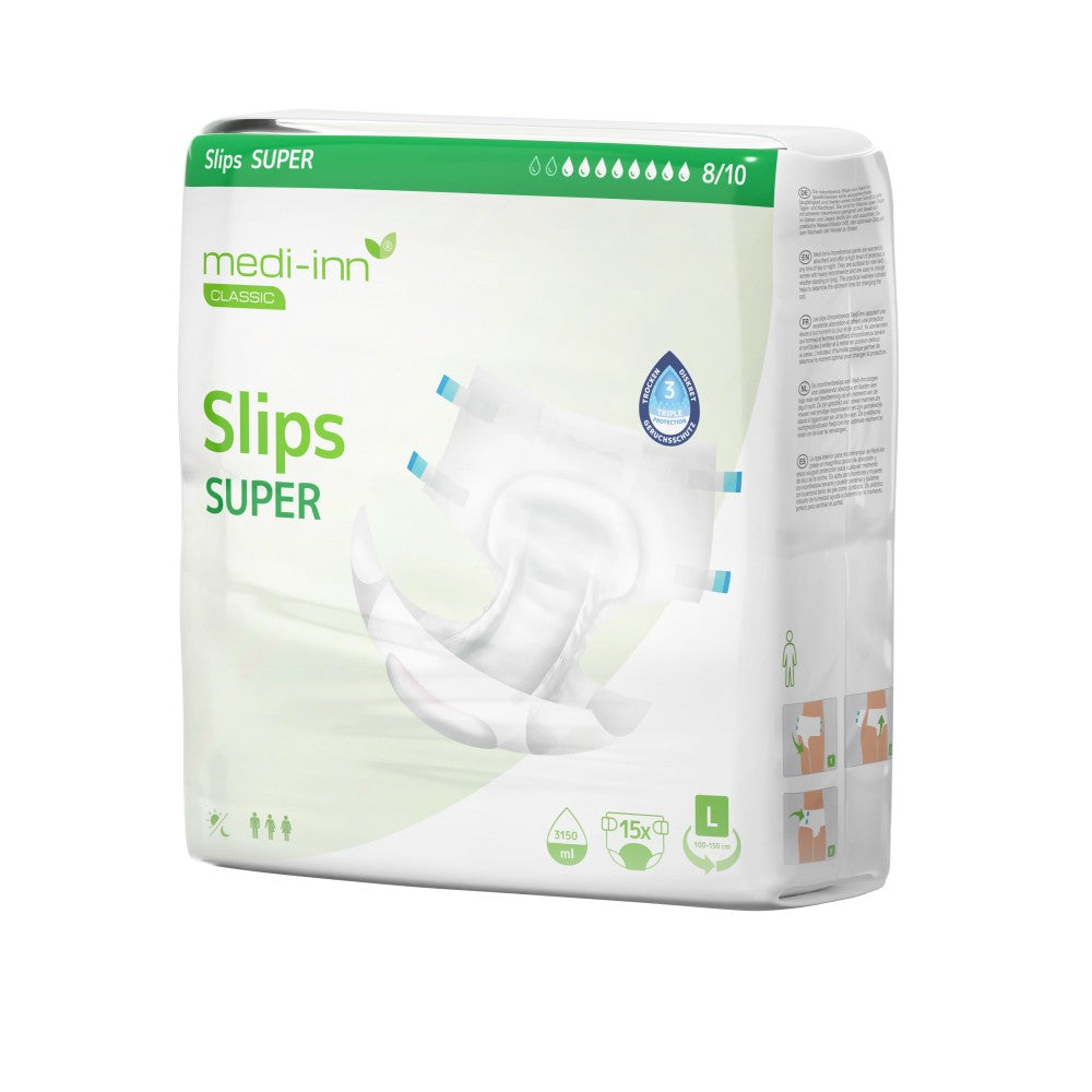 Verpackung der Medi-Inn Classic Inkontinenz-Slips SUPER in Größe L. Die Verpackung ist weiß mit hellgrünen, dunkelgrünen und grauen Akzenten, zeigt ein Produktbild des Slips und enthält Symbole für Unisex-Passform, Saugvolumen (3900 ml) und Klettverschlüsse.