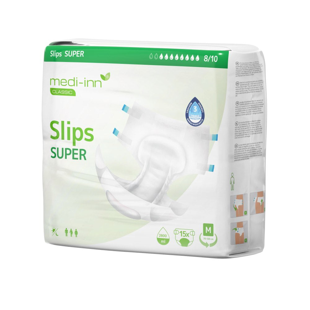 Verpackung der Medi-Inn Classic Inkontinenz-Slips SUPER in Größe M. Die Verpackung ist weiß mit hellgrünen, dunkelgrünen und grauen Akzenten, zeigt ein Produktbild des Slips und enthält Symbole für Unisex-Passform, Saugvolumen (2800 ml) und Klettverschlüsse.