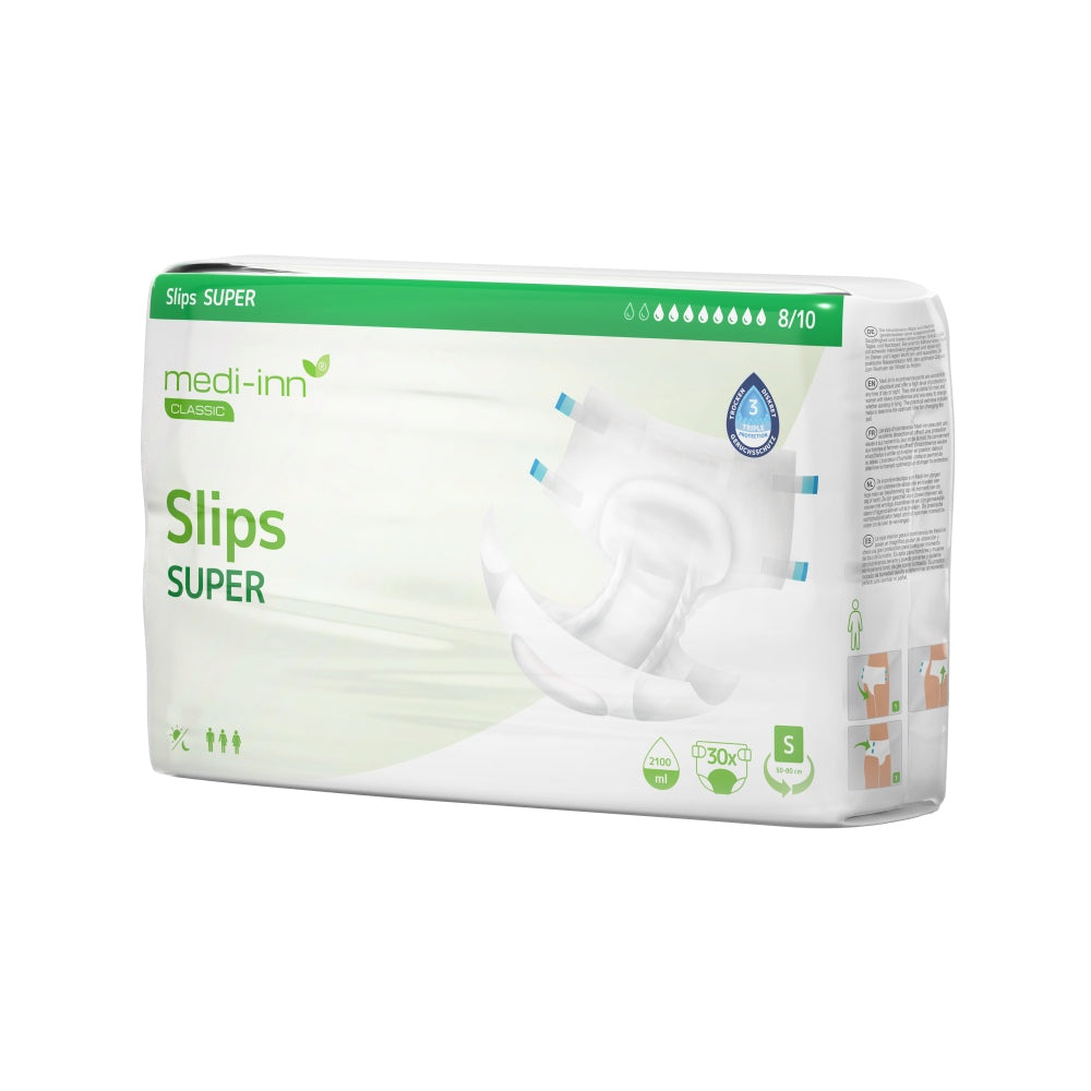 Verpackung der Medi-Inn Classic Inkontinenz-Slips SUPER in Größe S. Die Verpackung ist weiß mit hellgrünen, dunkelgrünen und grauen Akzenten, zeigt ein Produktbild des Slips und enthält Symbole für Unisex-Passform, Saugvolumen (2100 ml) und Klettverschlüsse.