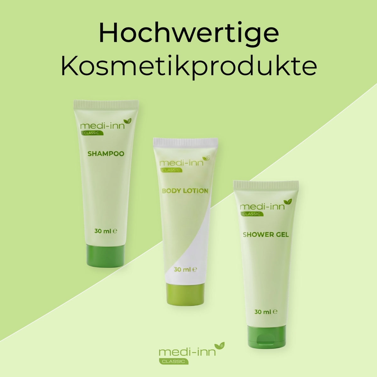 Hochwertige Kosmetikprodukte: Shampoo, Body Lotion, Shower Gel
