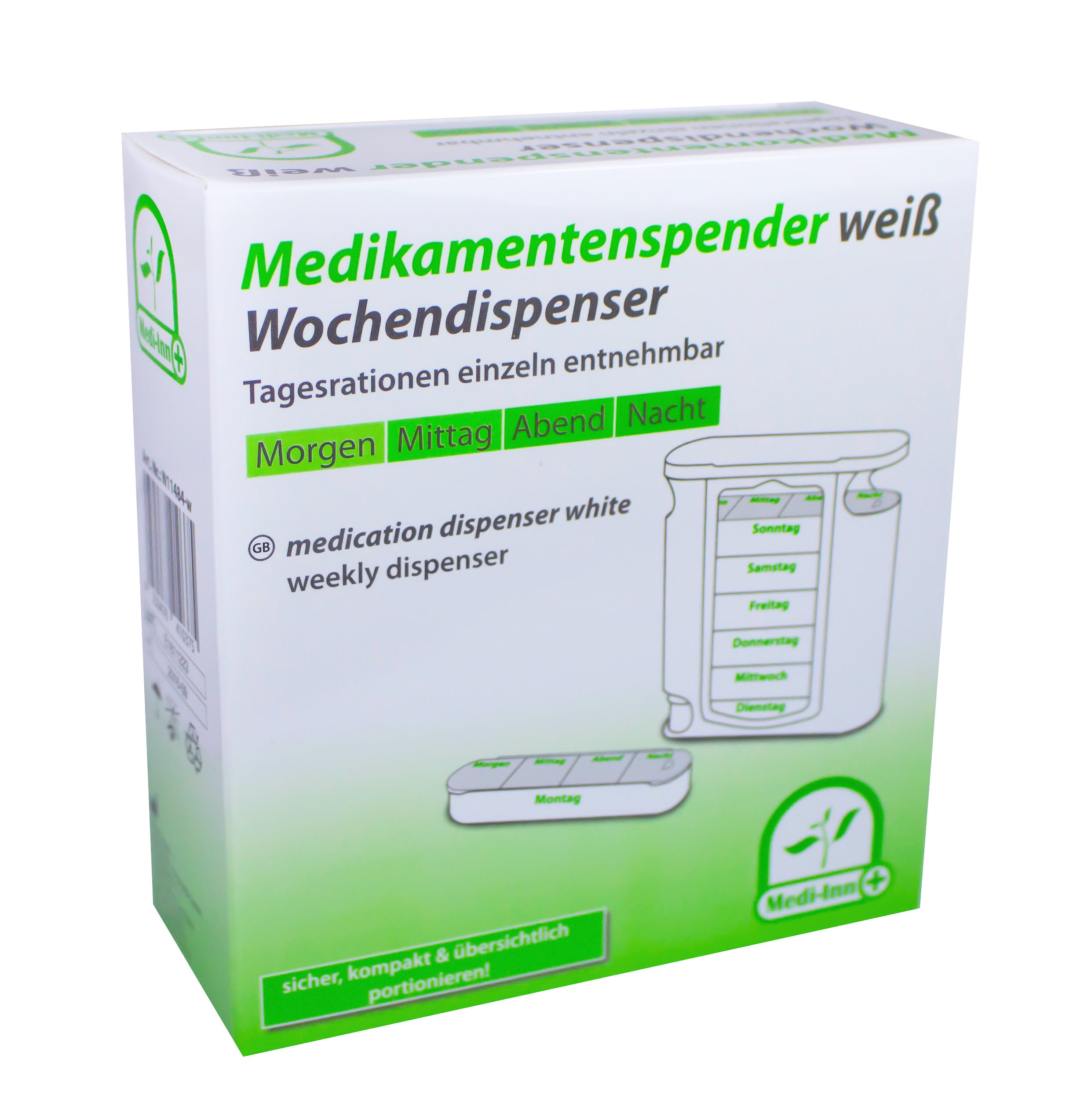 Bild eines wöchentlichen Medikamentenspenders, der in sieben Fächer unterteilt ist, jeweils gekennzeichnet mit den Wochentagen von Montag bis Sonntag. Der Spender ist transparent, wodurch die Inhalte sichtbar sind, und hat eine rechteckige Form mit abgerundeten Kanten. Jedes Fach hat eine separate Klappe, die einfach geöffnet werden kann. Die Fächer sind hellblau und das Gesamtdesign ist modern und funktional.