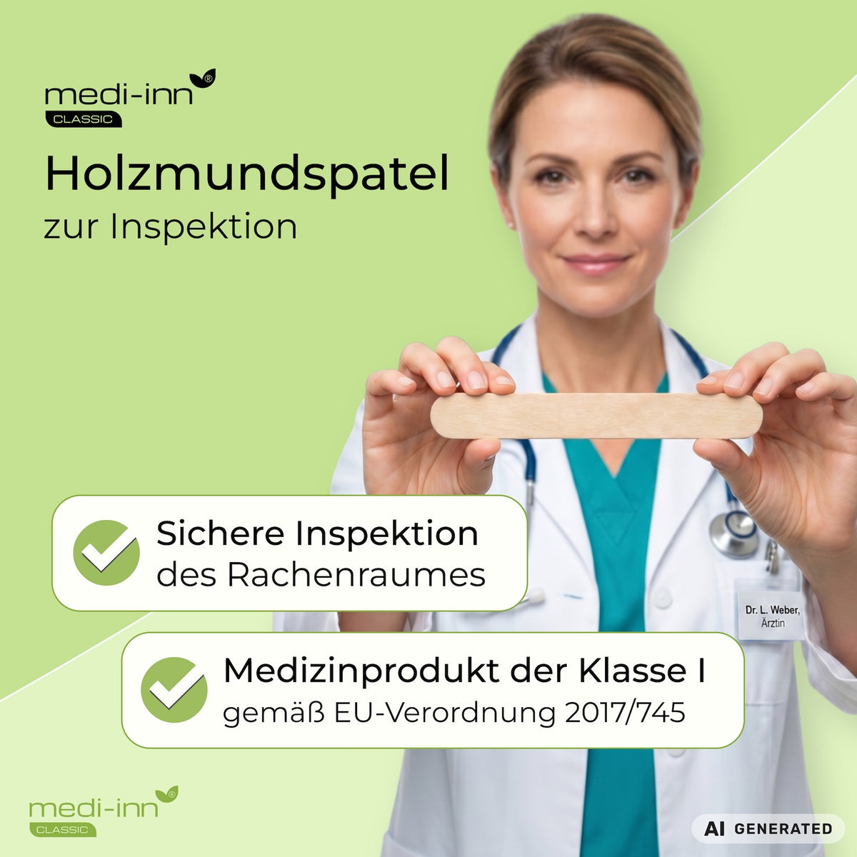 Medizinische Fachkraft hält den Medi-Inn Holzmundspatel in die Kamera. Daneben die Hinweise: Sichere Inspektion des Rachenraumes, Medizinprodukt der Klasse I gemäß EU-Verordnung 2017/745