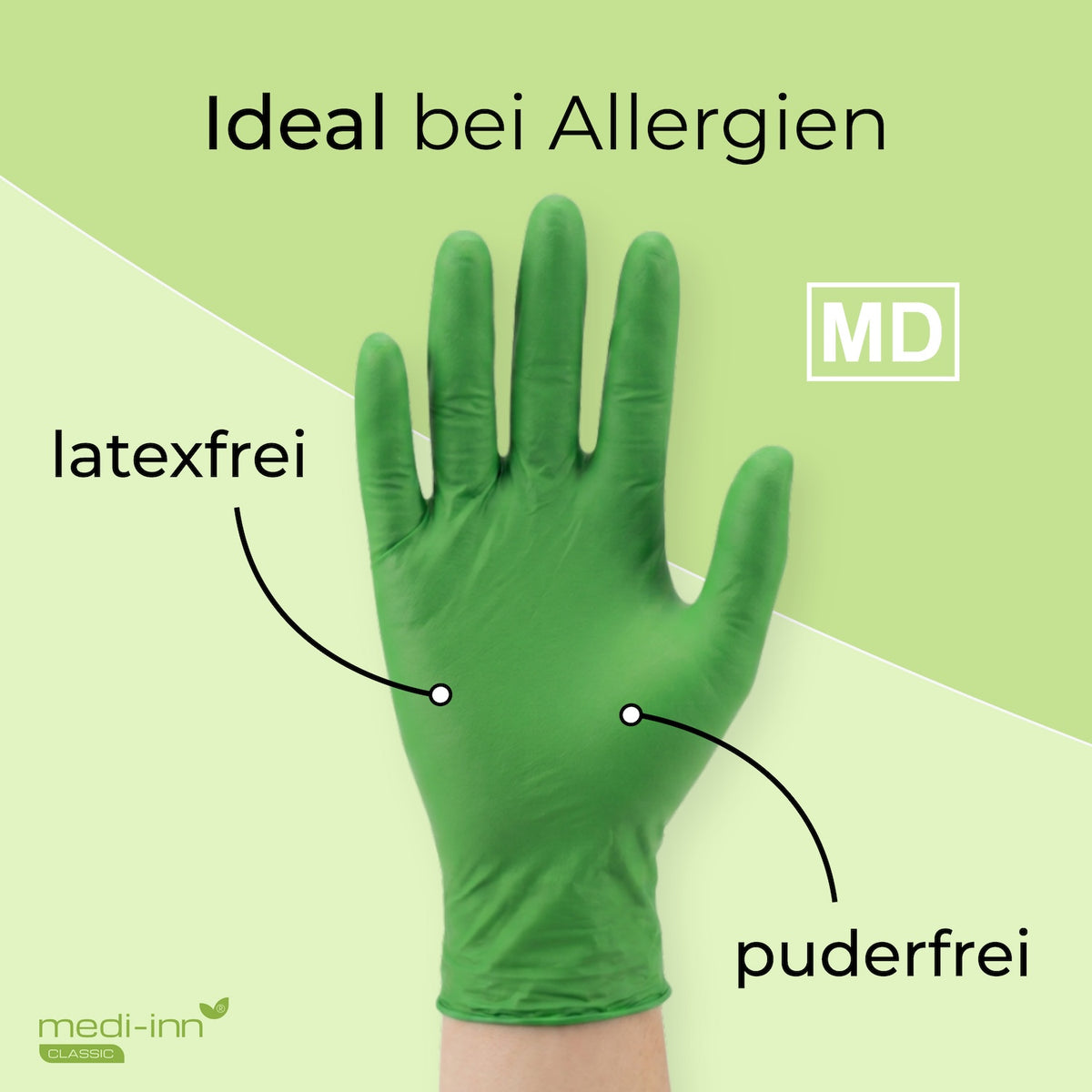 Frontalansicht eines Medi-Inn Nitril Apple Green Einmalhandschuhs mit den Hinweisen: latexfrei, puderfrei, Medizinprodukt.