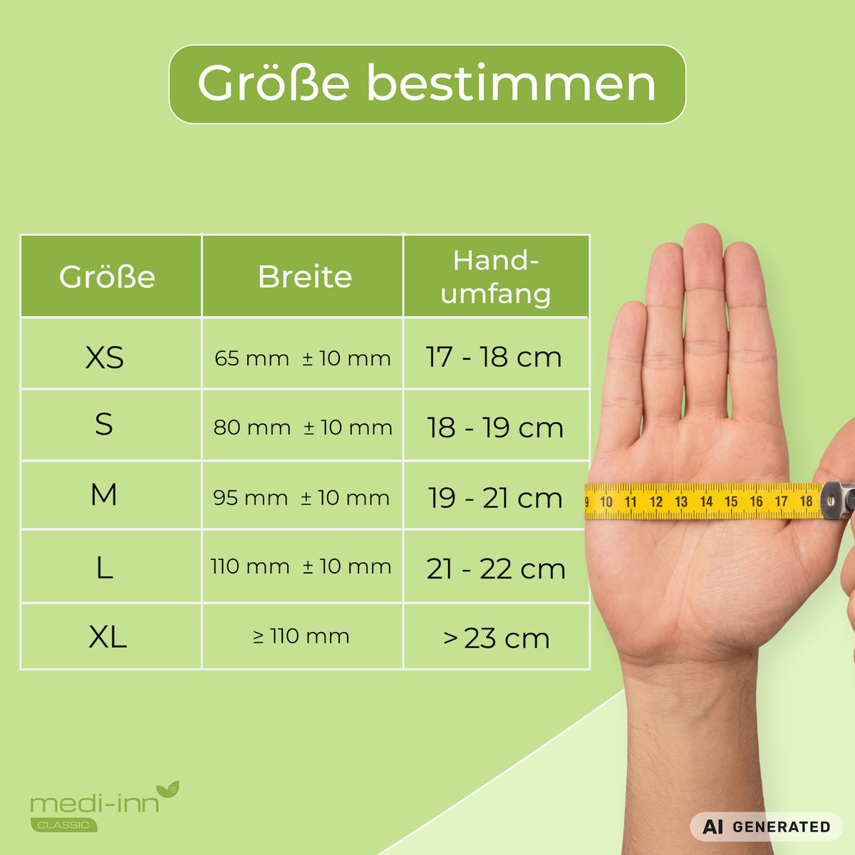 Übersicht zur Größenbestimmung:
XS (Handumfang 17 - 18 cm), S (Handumfang 18 - 19 cm), M (Handumfang 19 - 21 cm), L (Handumfang 21 - 22 cm), XL (Handumfang mehr als 23 cm).