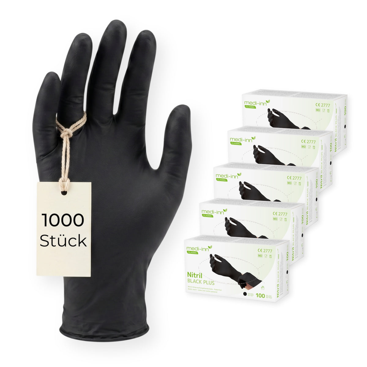 Frontalansicht eines Medi-Inn Nitril Black Plus Einmalhandschuhs neben den Verpackungen mit 1000 Stück.
