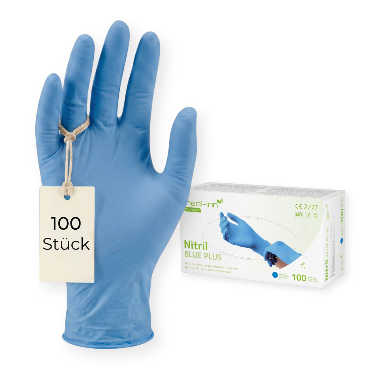 Frontalansicht eines Medi-Inn Nitril Blue Plus Einmalhandschuhs neben der Verpackung mit 100 Stück.