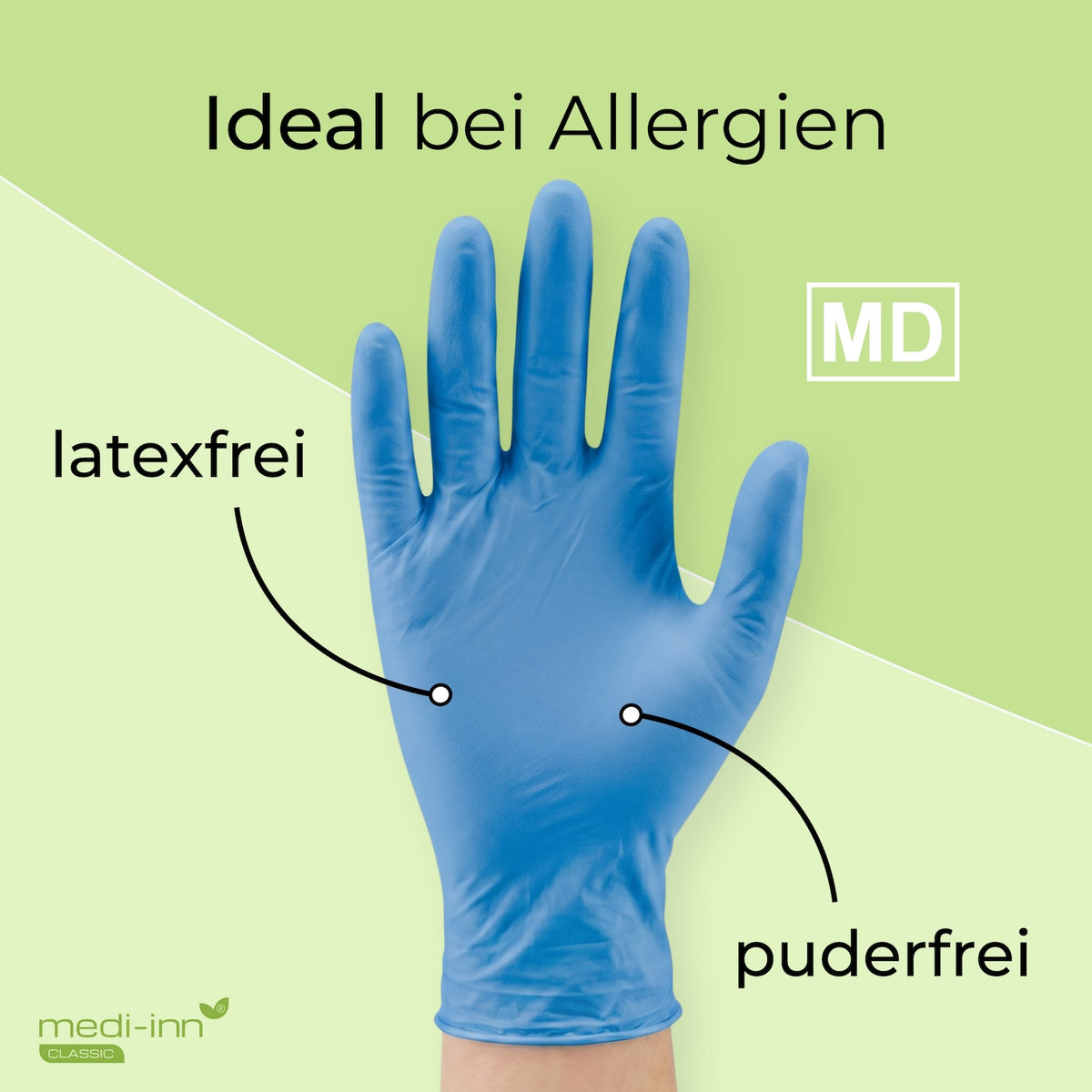Frontalansicht eines Medi-Inn Nitril Blue Plus Einmalhandschuhs mit den Hinweisen: latexfrei, puderfrei, Medizinprodukt.