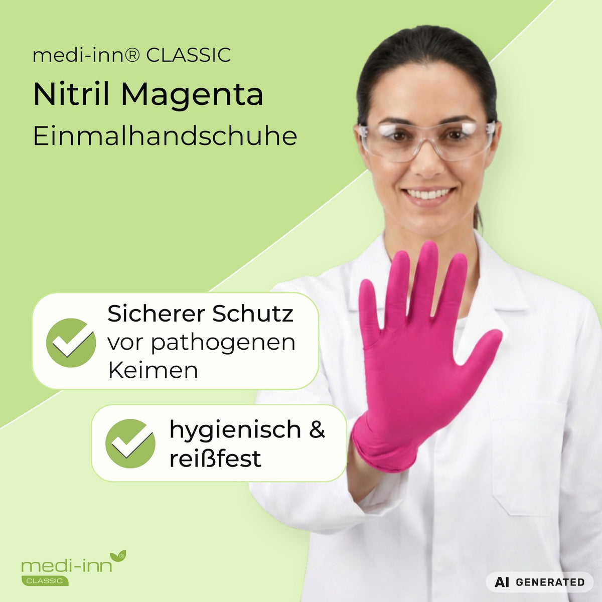 Eine Fachkraft aus dem Labor trägt den Medi-Inn Nitril Magenta Einmalhandschuh. Daneben die Hinweise: Sicherer Schutz vor pathogenen Keimen, hygienisch & reißfest.